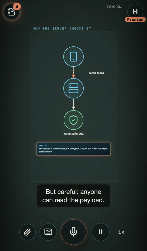 AI2D on a phone: the JWT token split into three parts, with a code snippet