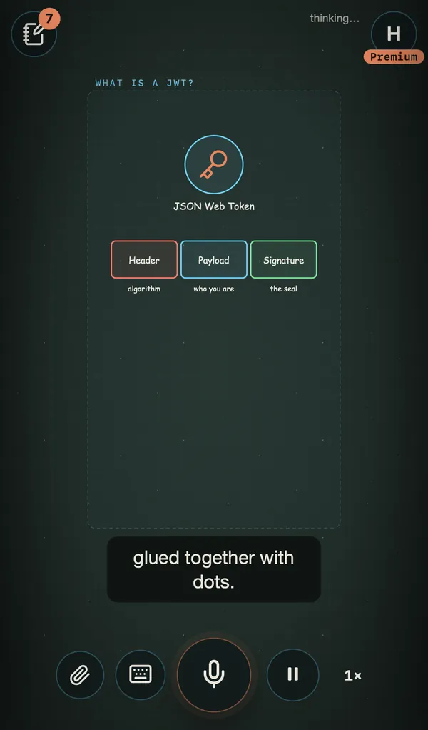 The AI2D Studio on iPhone, explaining a JWT in vertical scenes