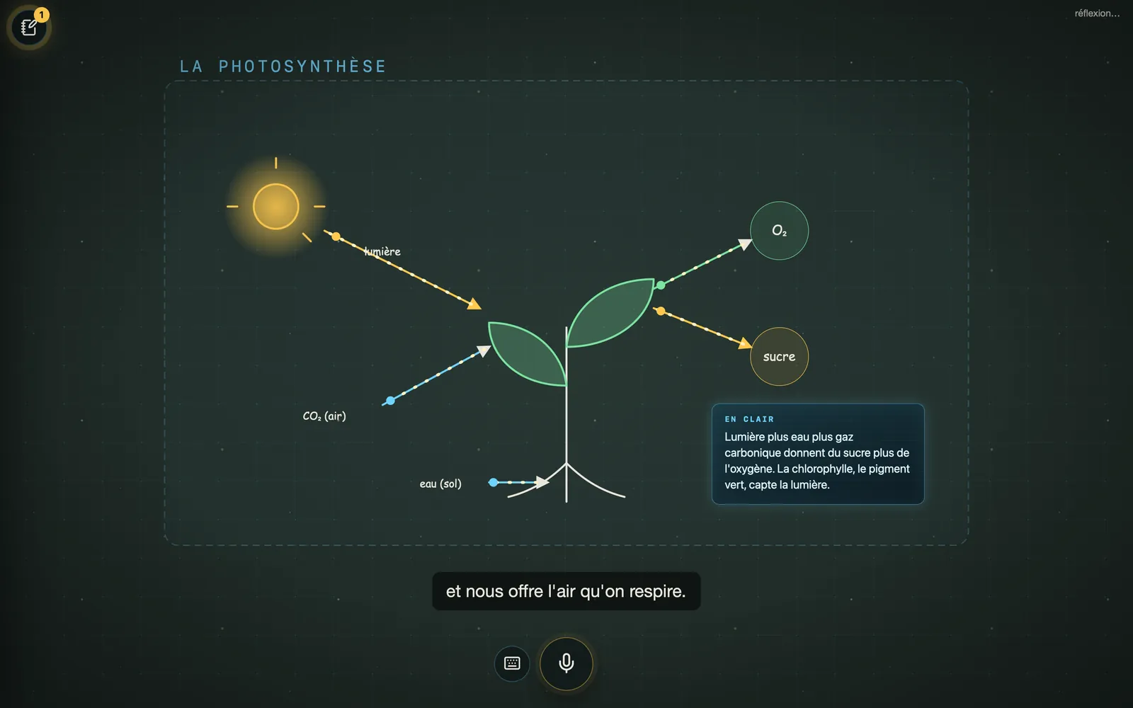 Schéma complet de la photosynthèse avec une carte récapitulative et le sous-titre de la voix